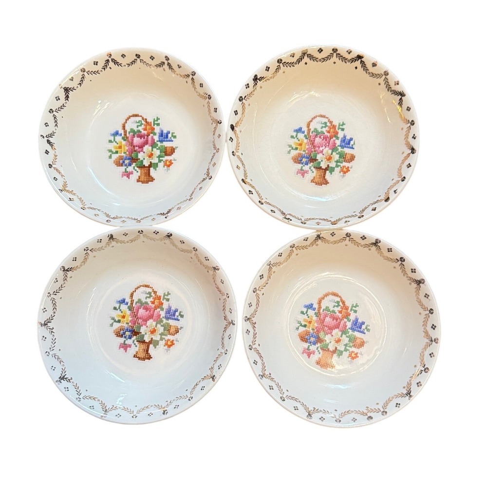Vintage Century by Salem China Small Bowls Set of 4 Floral Basket‎ 22K 5.25"